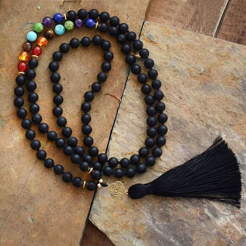 Black Onyx 7 Chakra Mala Necklace 108 Beads