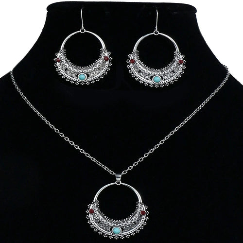 Retro Antique Turquoise Pendant Necklace & Earrings Set