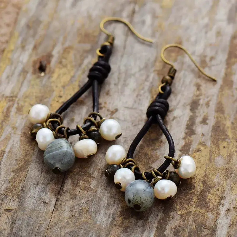 Vintage  Pearl Labradorite  Earrings