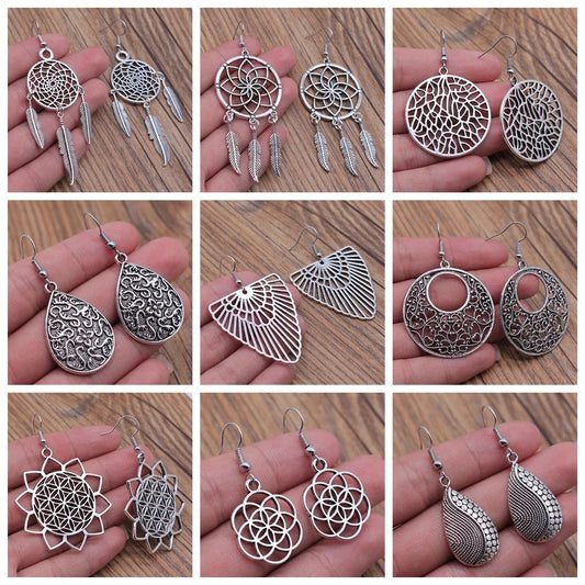 Carved Pattern Flower Of Life Dreamcatcher Dangle Drop Earing Bohemian